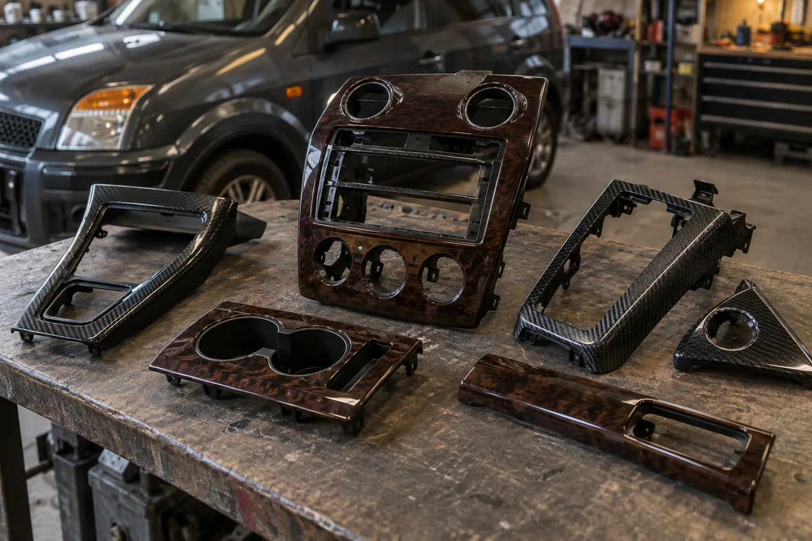 Иллюстрация: декоративные накладки салона Ford с рисунком под карбон и дерево