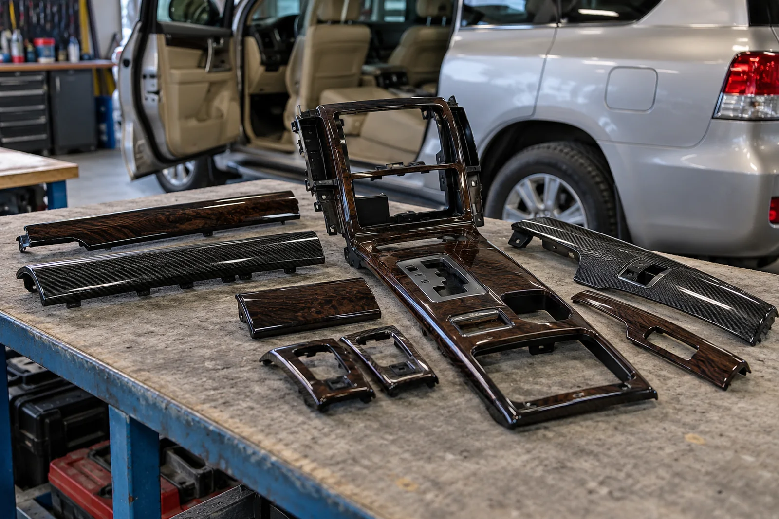 Иллюстрация: декоративные накладки салона Toyota Land Cruiser 200 с рисунком под карбон и дерево
