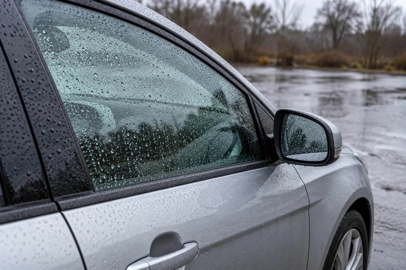 Иллюстрация: круглые капли воды на боковом стекле и зеркале Ford