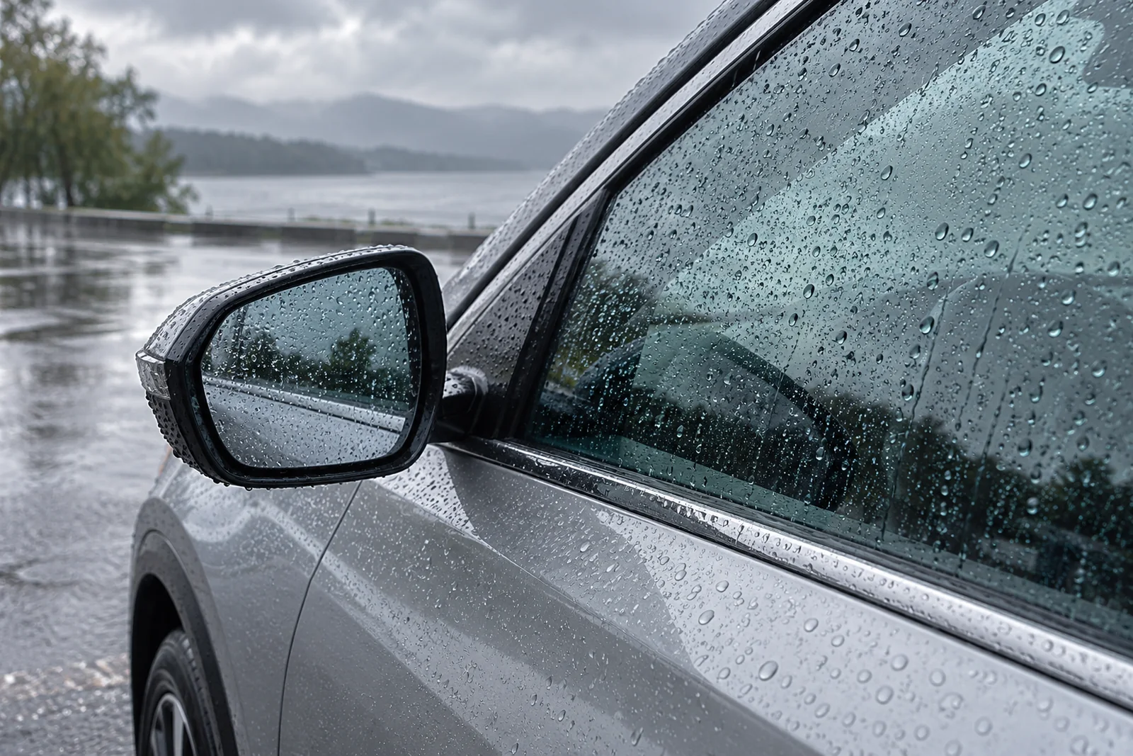 Иллюстрация: круглые капли воды на боковом стекле и зеркале Geely