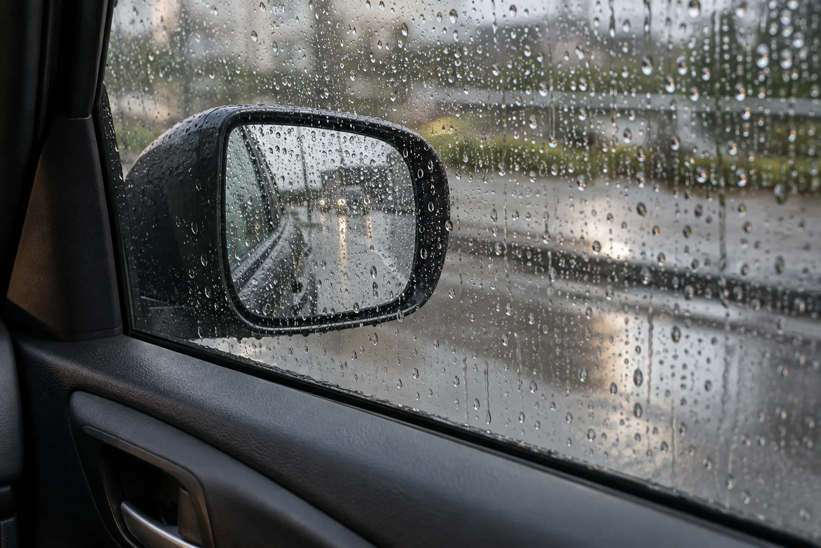 Иллюстрация: круглые капли воды на боковом стекле и зеркале Honda