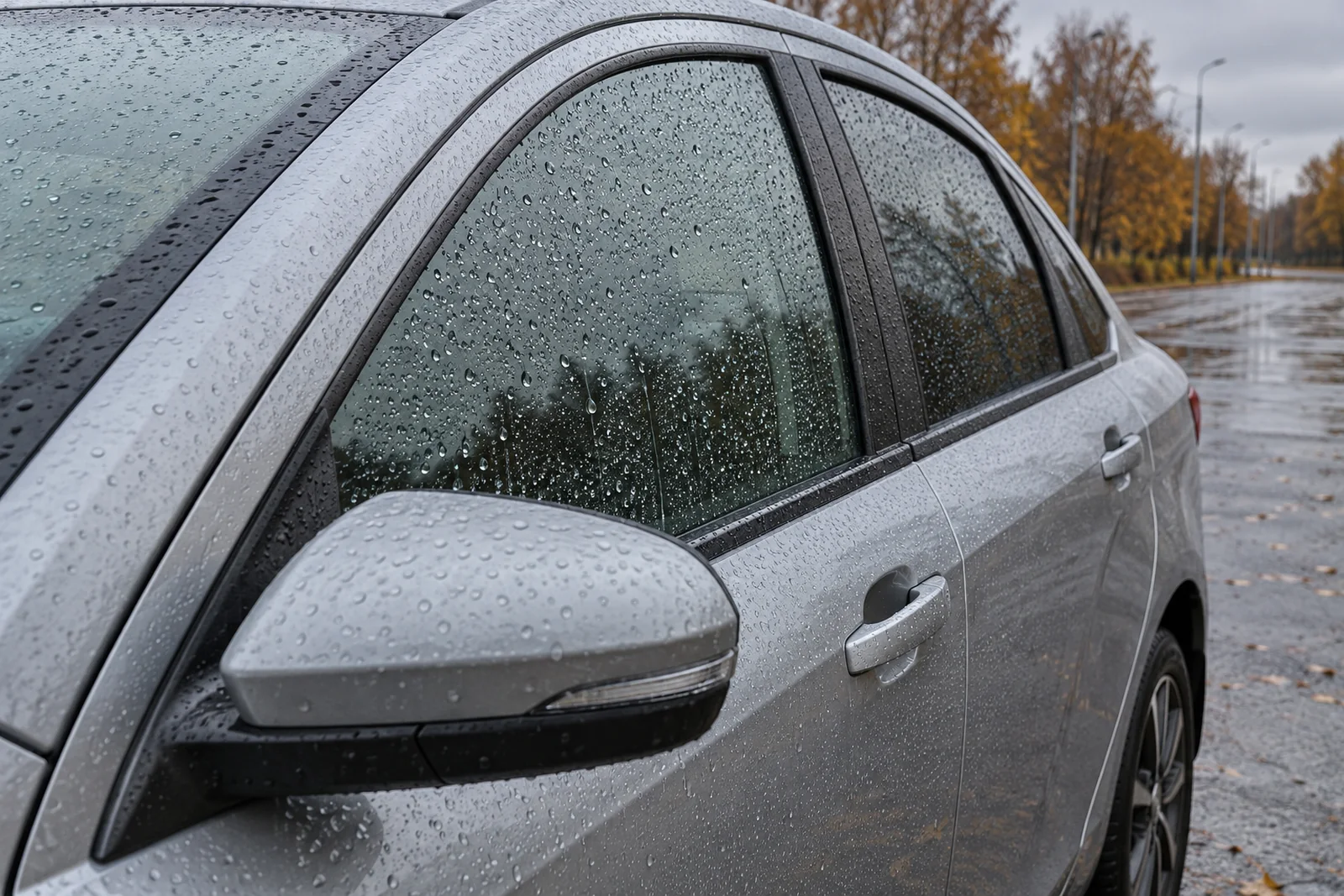 Иллюстрация: круглые капли воды на боковом стекле и зеркале Lada