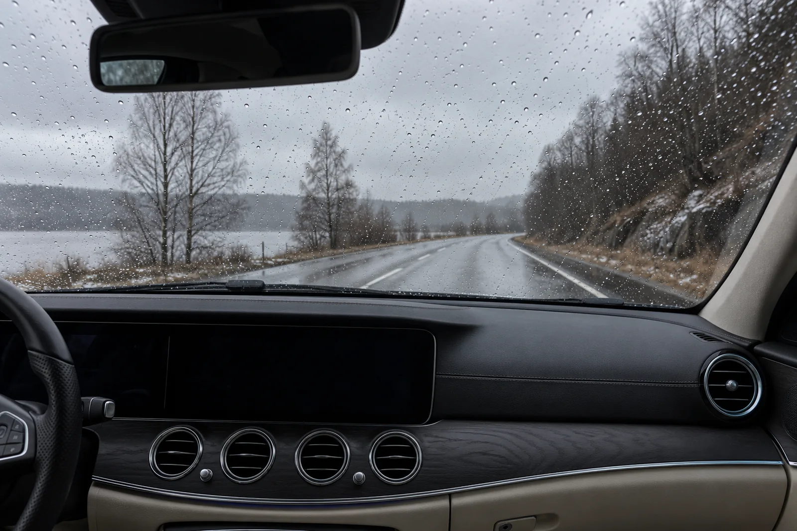 Иллюстрация: капли на лобовом стекле Mercedes-Benz в дождь, вид из салона