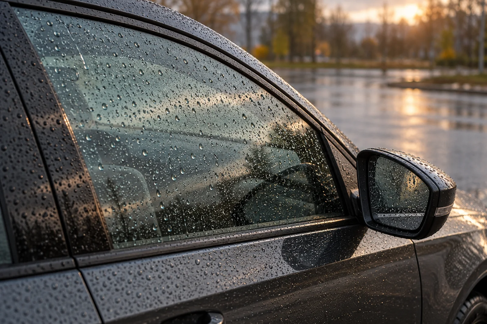 Иллюстрация: круглые капли воды на боковом стекле и зеркале Skoda