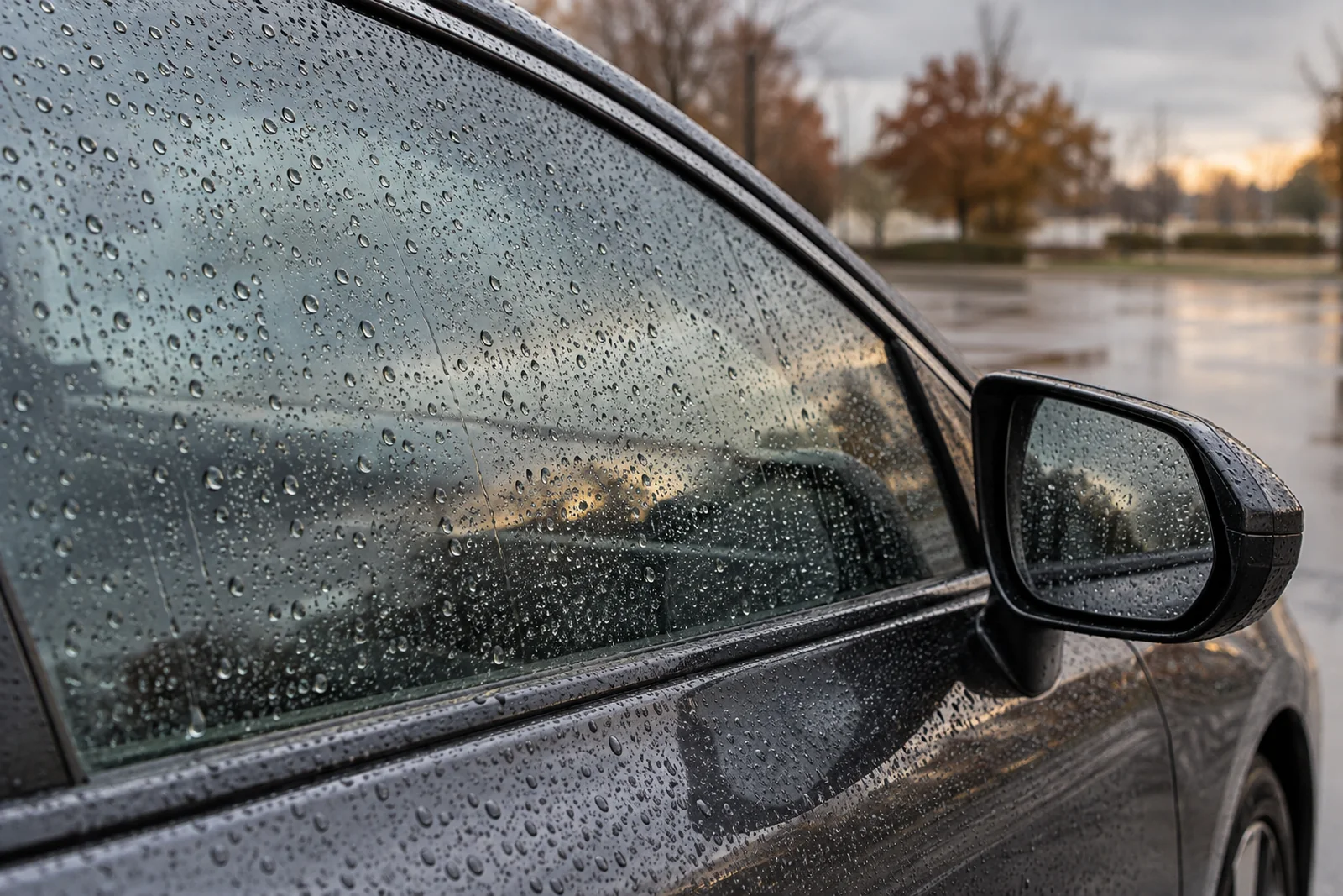 Иллюстрация: круглые капли воды на боковом стекле и зеркале Toyota