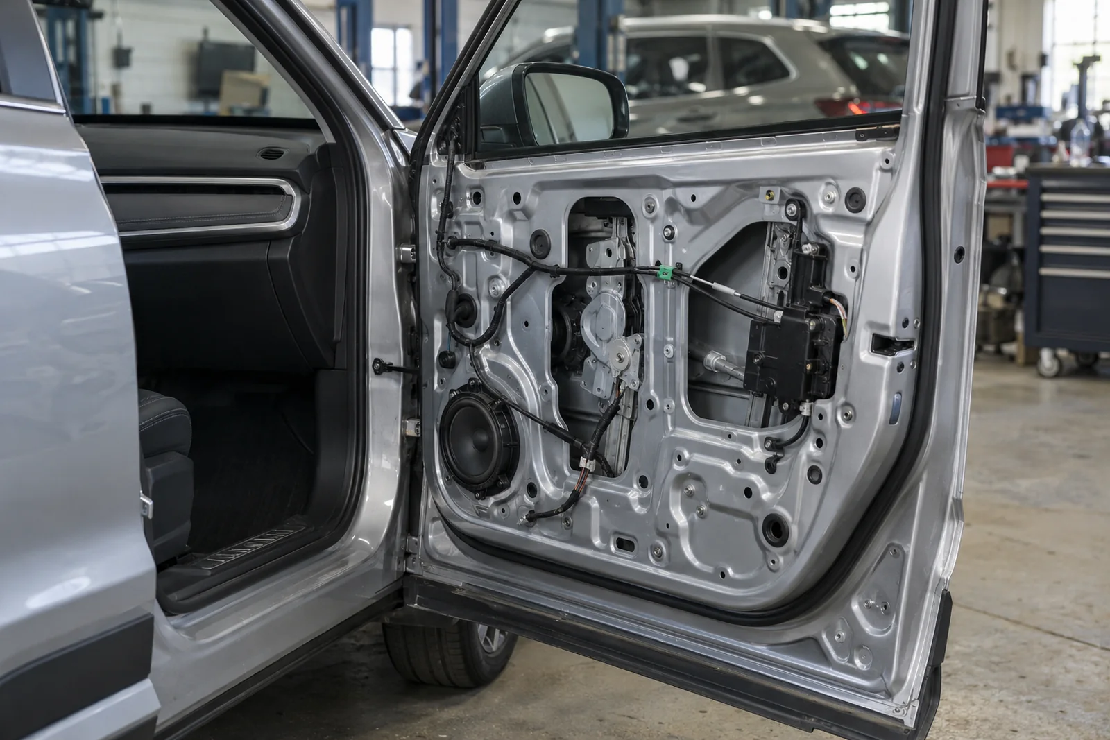 Иллюстрация: электропривод доводчика у замка двери Chery Tiggo 7 Pro, обшивка снята
