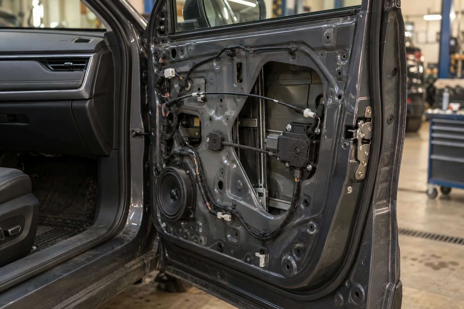 Иллюстрация: электропривод доводчика у замка двери Chery Tiggo 8, обшивка снята