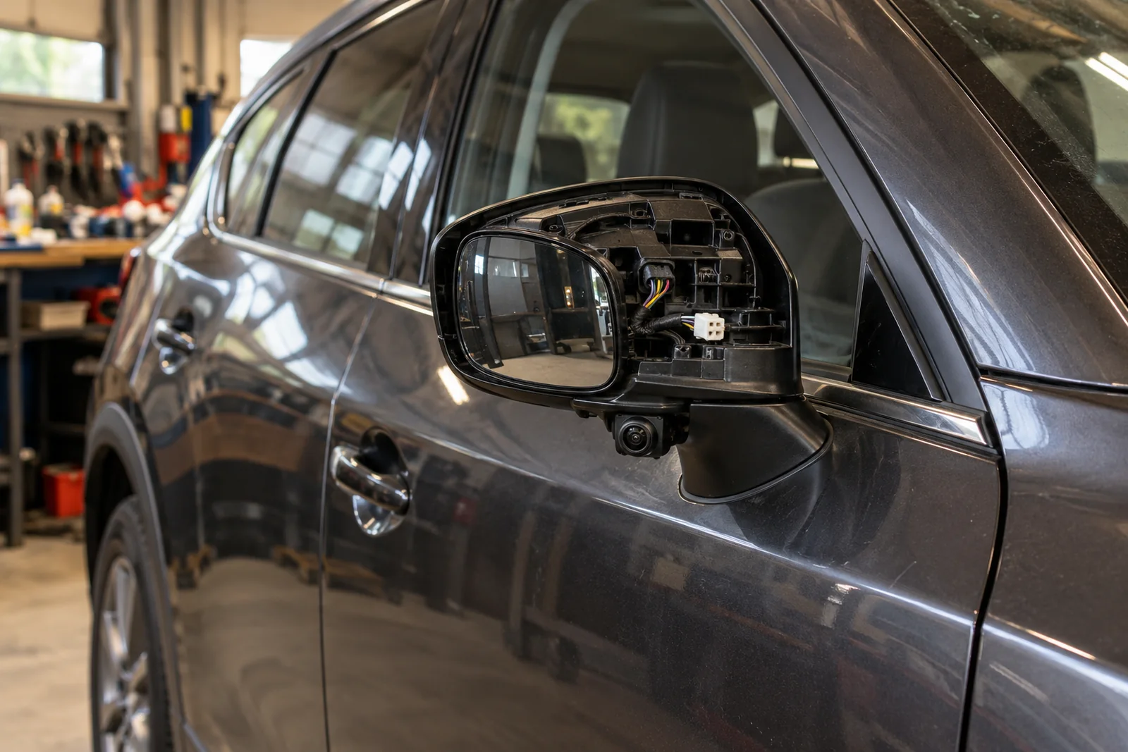 Иллюстрация: установка боковой камеры кругового обзора в зеркало Mazda CX-5