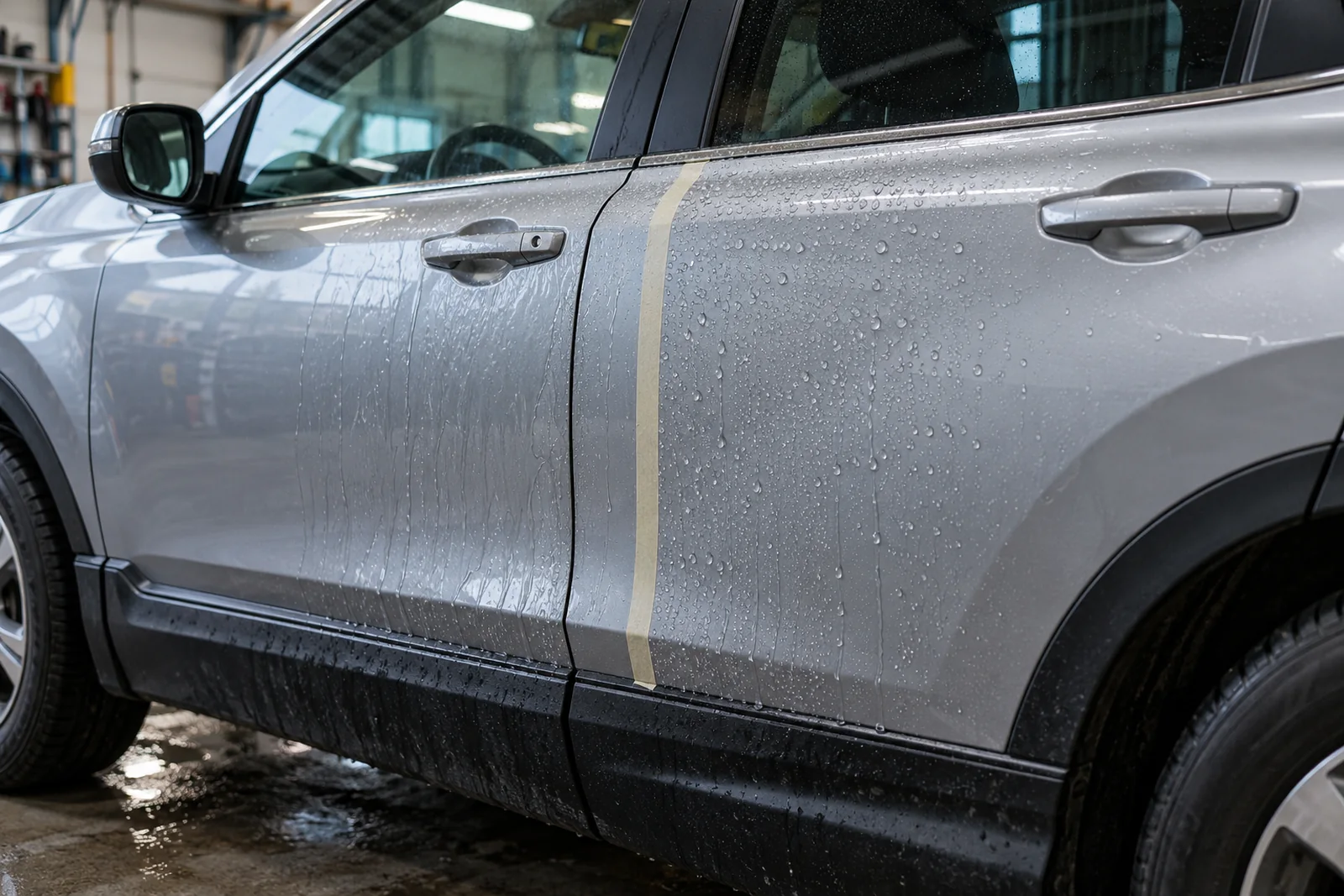 Иллюстрация: поведение воды на кузове Honda — участок с покрытием и без