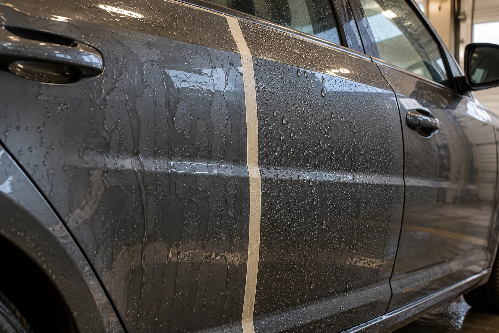 Иллюстрация: поведение воды на кузове Skoda — участок с покрытием и без
