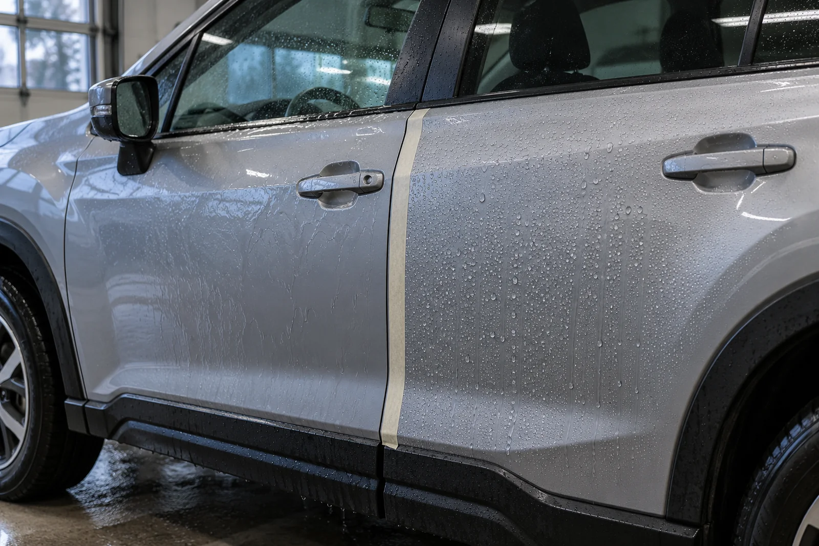 Иллюстрация: поведение воды на кузове Subaru — участок с покрытием и без