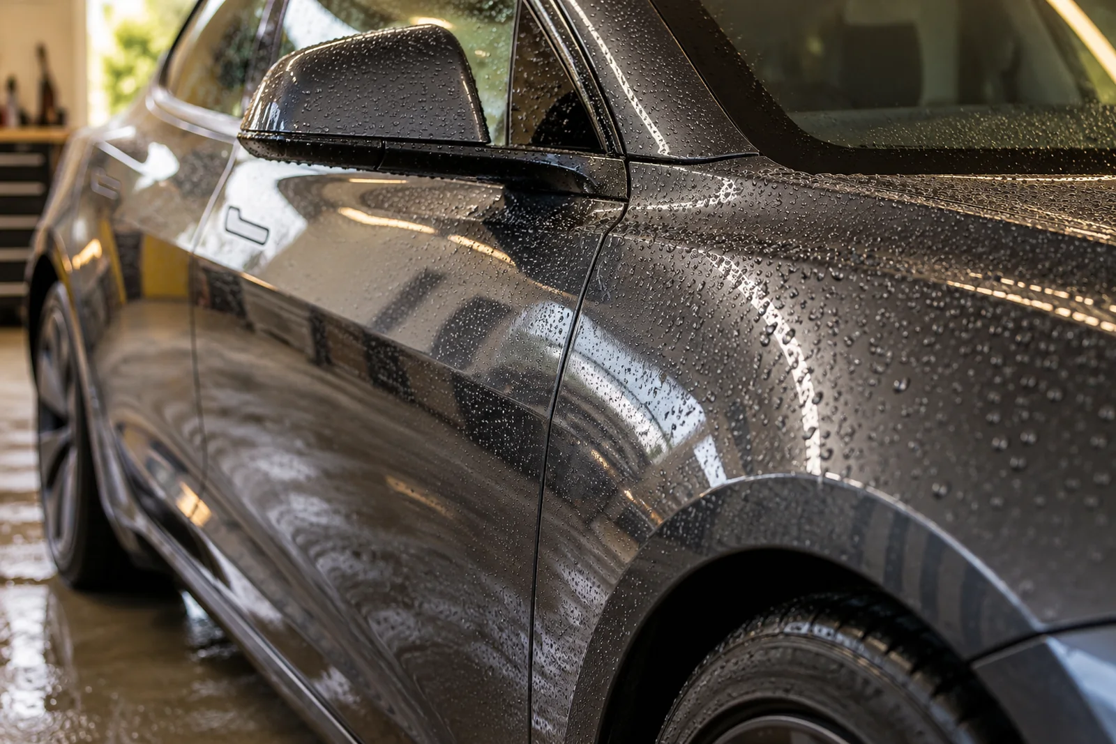 Иллюстрация: капли воды на лакокрасочном покрытии Tesla