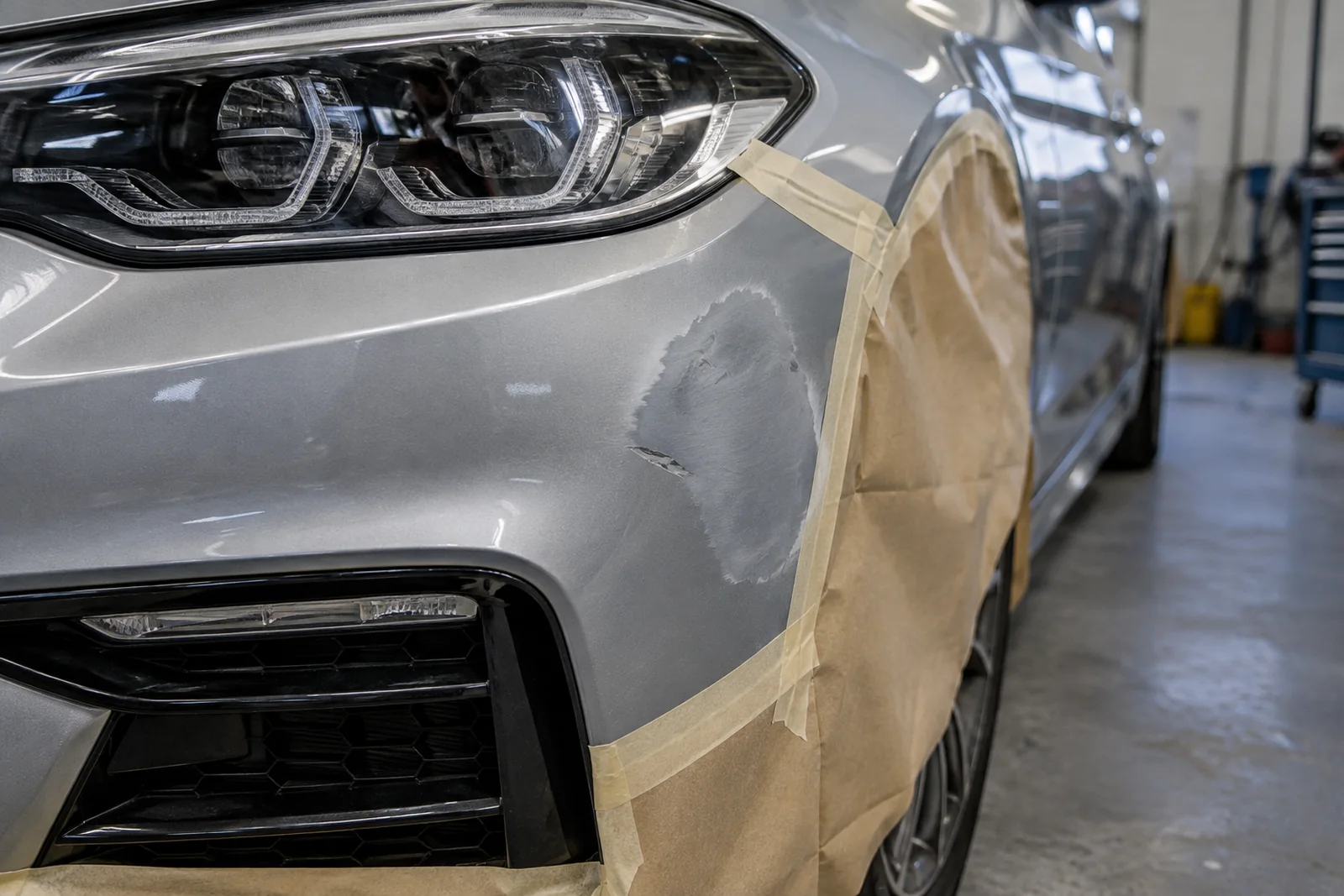 Иллюстрация: подготовка локального участка бампера BMW 5 к окраске