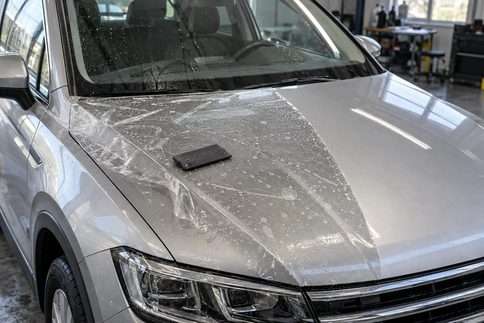 Иллюстрация: укладка защитной полиуретановой плёнки на капот Volkswagen