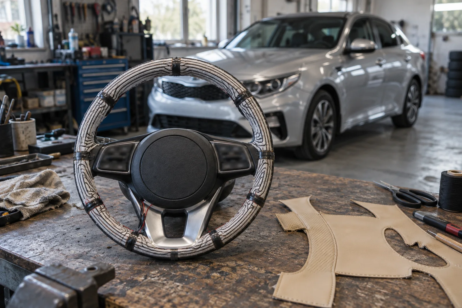 Иллюстрация: нагревательный элемент на ободе руля Kia Optima перед перетяжкой