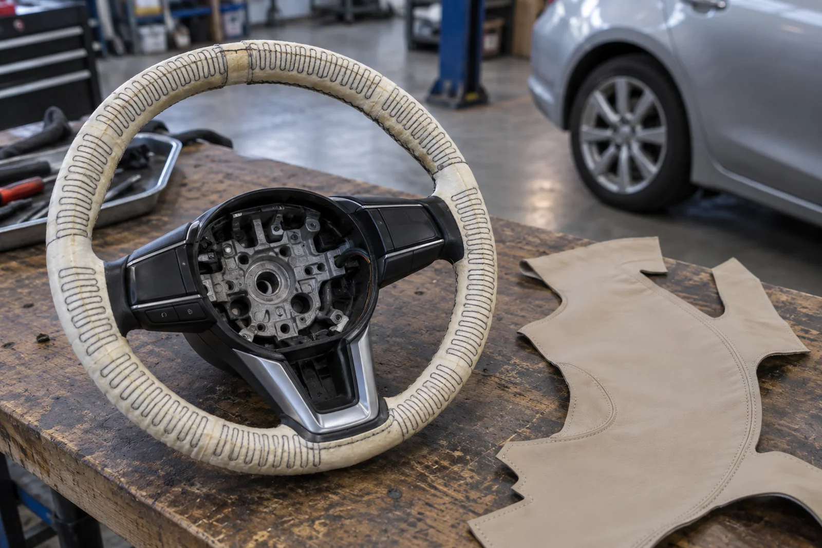 Иллюстрация: нагревательный элемент на ободе руля Mazda Axela перед перетяжкой