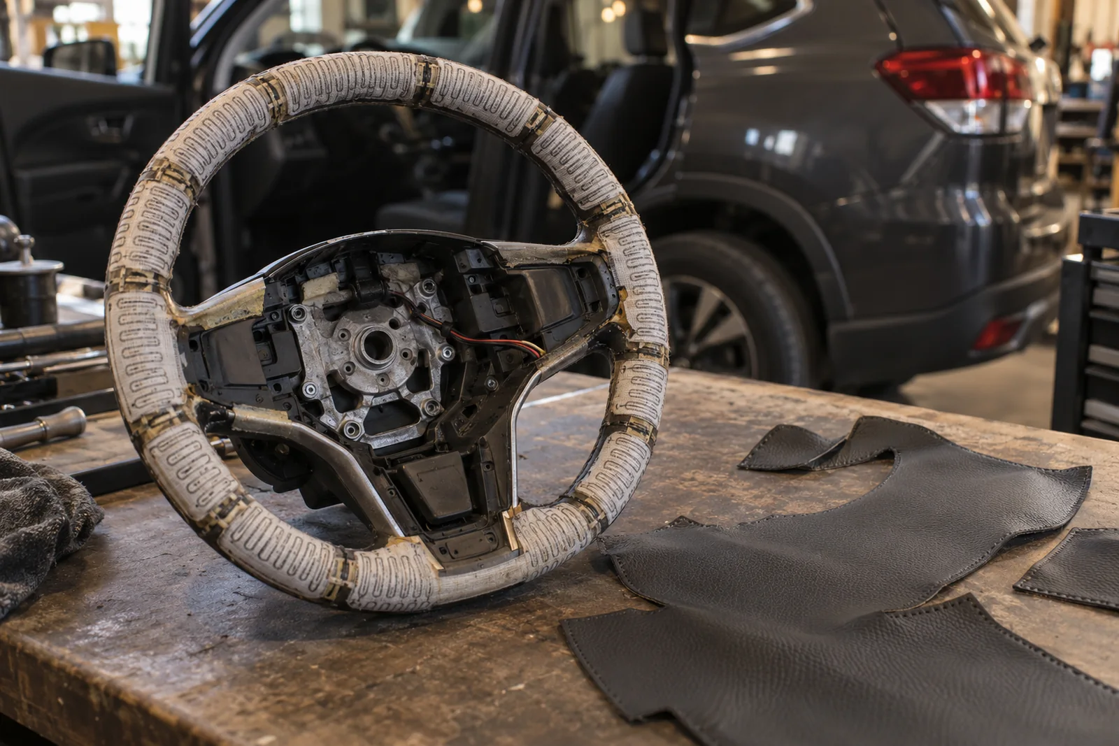 Иллюстрация: нагревательный элемент на ободе руля Subaru Forester перед перетяжкой