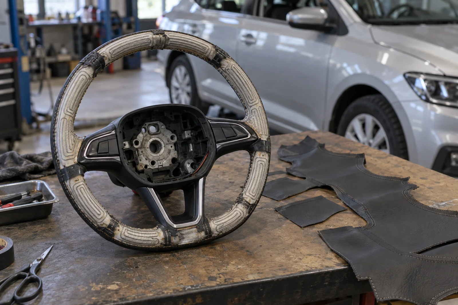 Иллюстрация: нагревательный элемент на ободе руля Volkswagen Polo перед перетяжкой