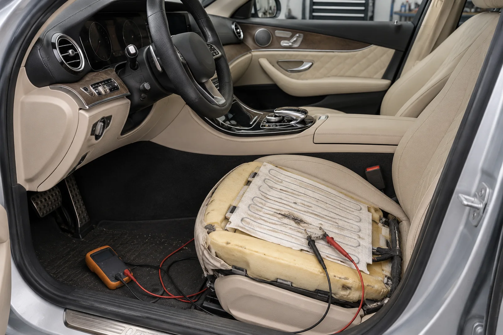 Иллюстрация: нагревательный мат сиденья Mercedes-Benz E-Class с местом обрыва нити, диагностика мультиметром