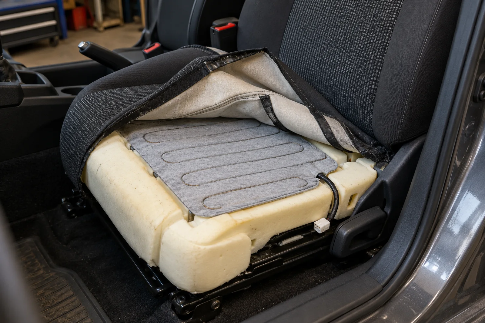 Иллюстрация: нагревательный элемент подогрева на подушке сиденья Nissan Almera, обивка снята