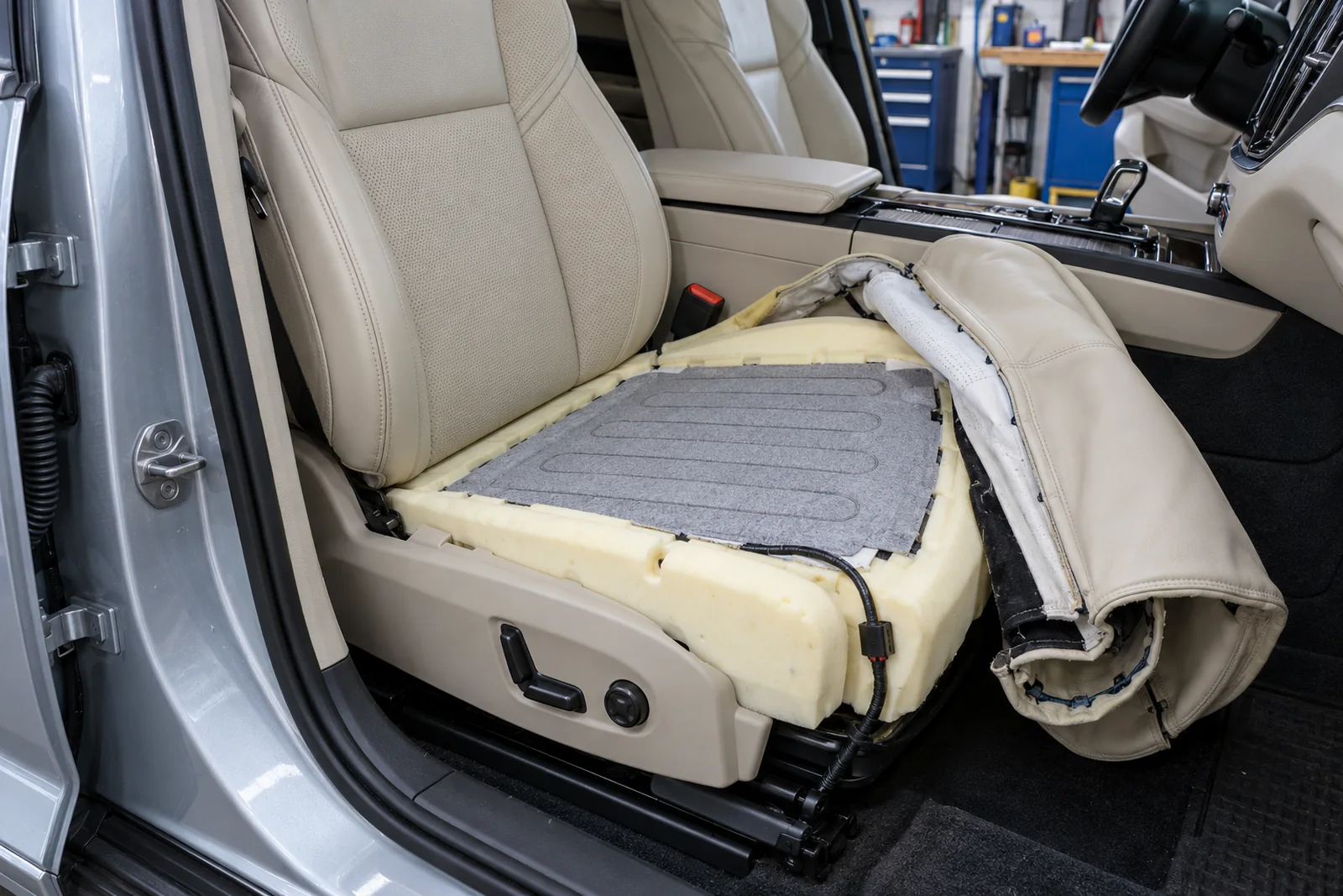 Иллюстрация: нагревательный элемент подогрева на подушке сиденья Volvo XC60, обивка снята
