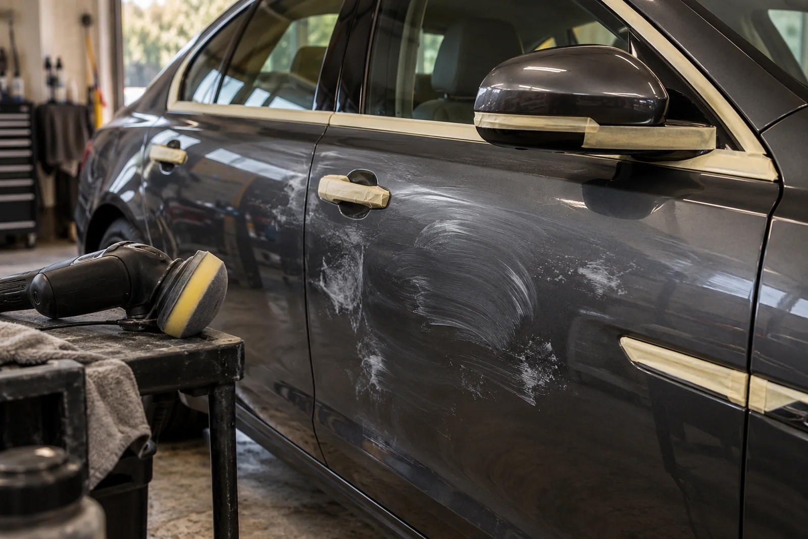 Иллюстрация: подготовка двери Jaguar к полировке — оклейка лентой и паста