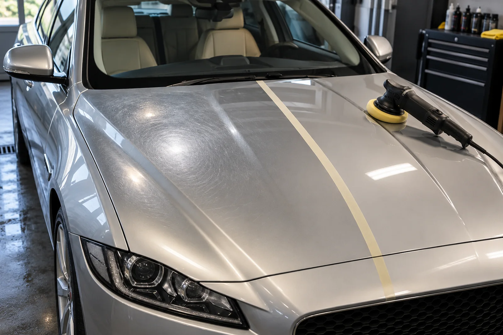 Иллюстрация: капот Jaguar — участок с паутинкой царапин и отполированный участок