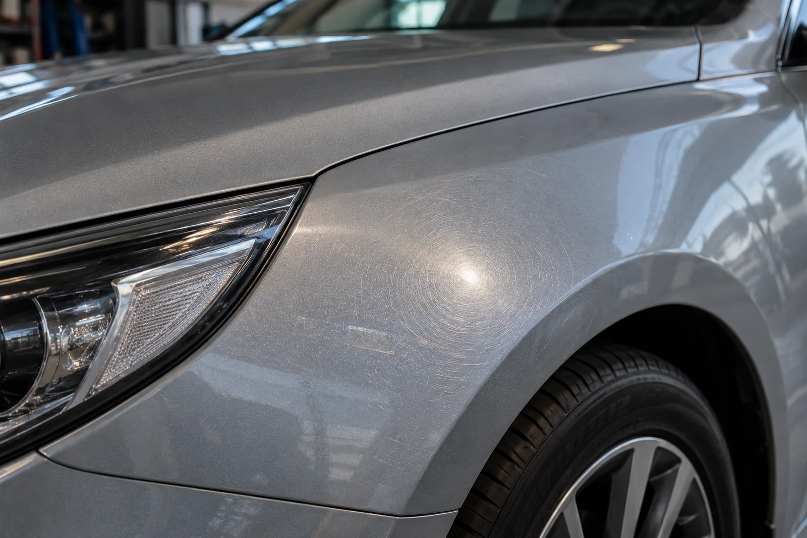 Иллюстрация: паутинка мелких царапин на лаке Kia Optima под светом лампы