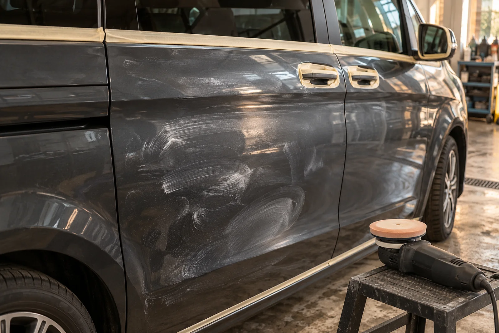Иллюстрация: подготовка двери Mercedes-Benz V к полировке — оклейка лентой и паста