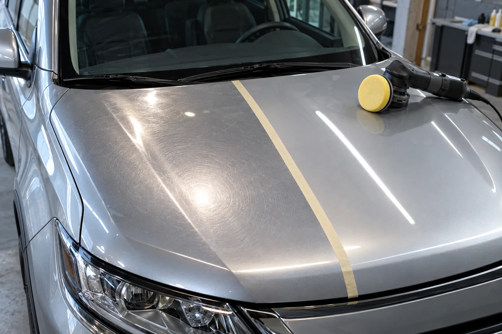 Иллюстрация: капот Mitsubishi — участок с паутинкой царапин и отполированный участок