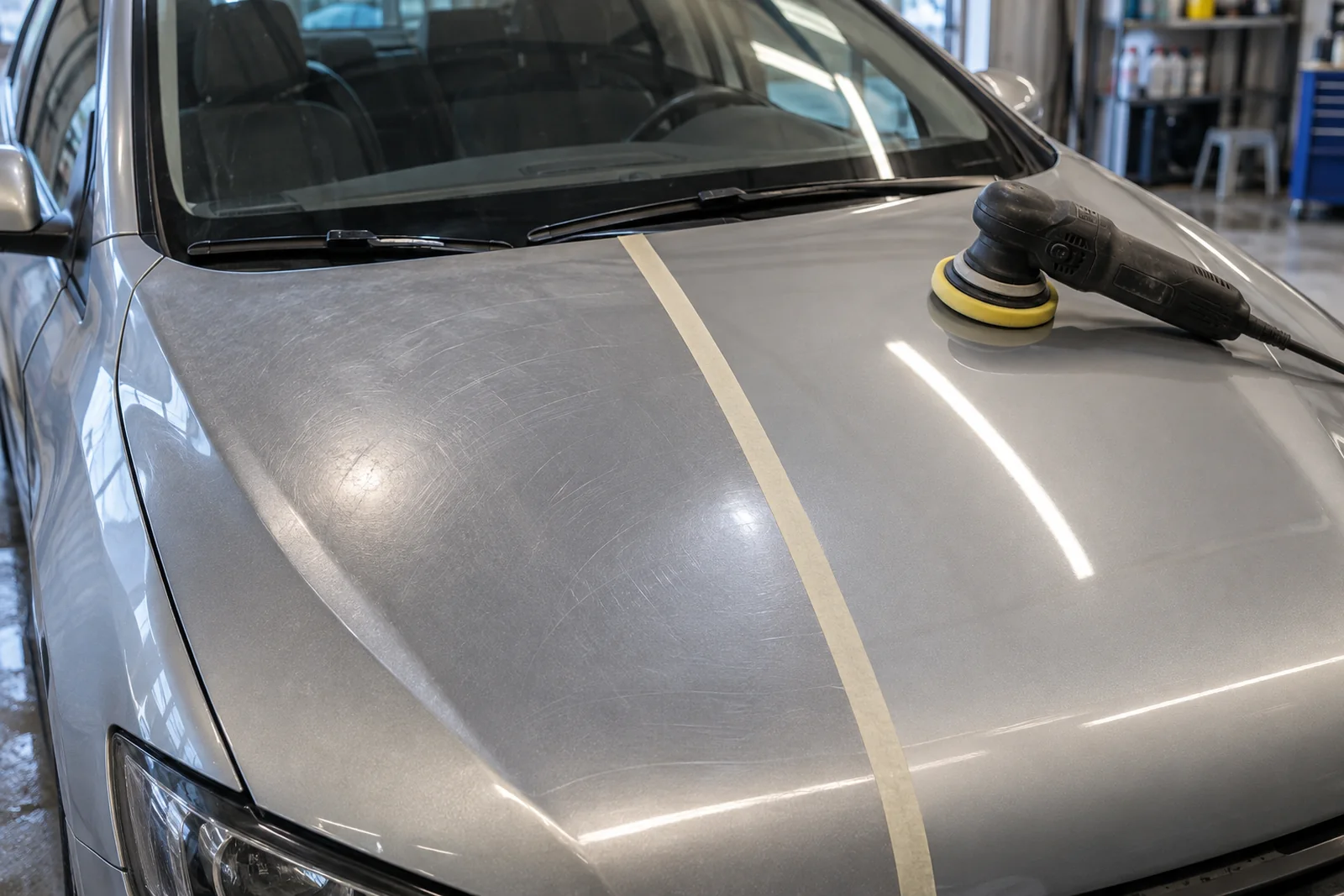 Иллюстрация: капот Renault — участок с паутинкой царапин и отполированный участок