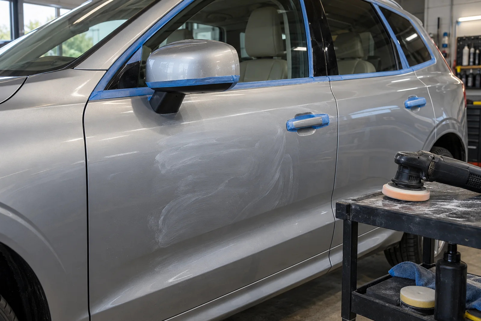 Иллюстрация: подготовка двери Volvo XC60 к полировке — оклейка лентой и паста