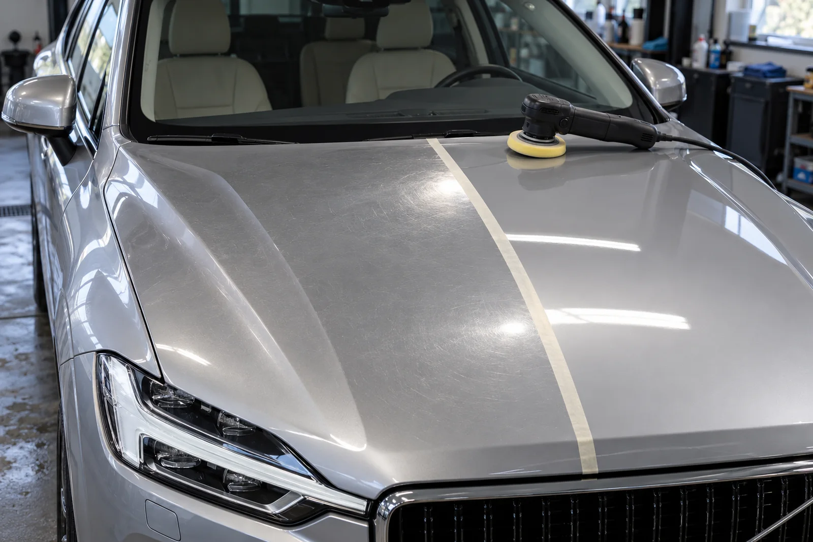 Иллюстрация: капот Volvo XC60 — участок с паутинкой царапин и отполированный участок