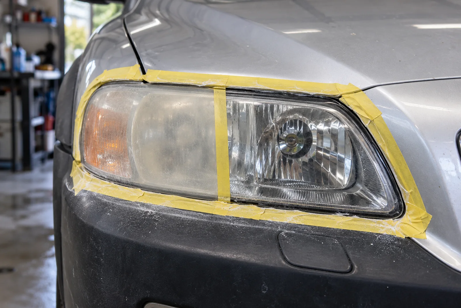 Иллюстрация: фара Volvo XC70 в процессе полировки — мутная и отполированная половины