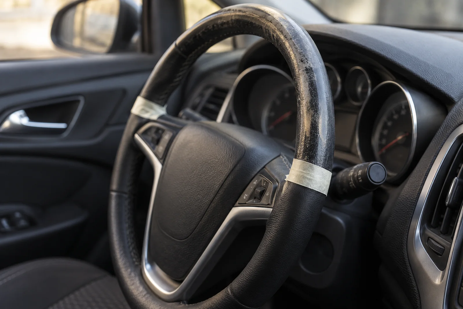 Иллюстрация: потёртый обод руля Opel Astra и восстановленный участок рядом