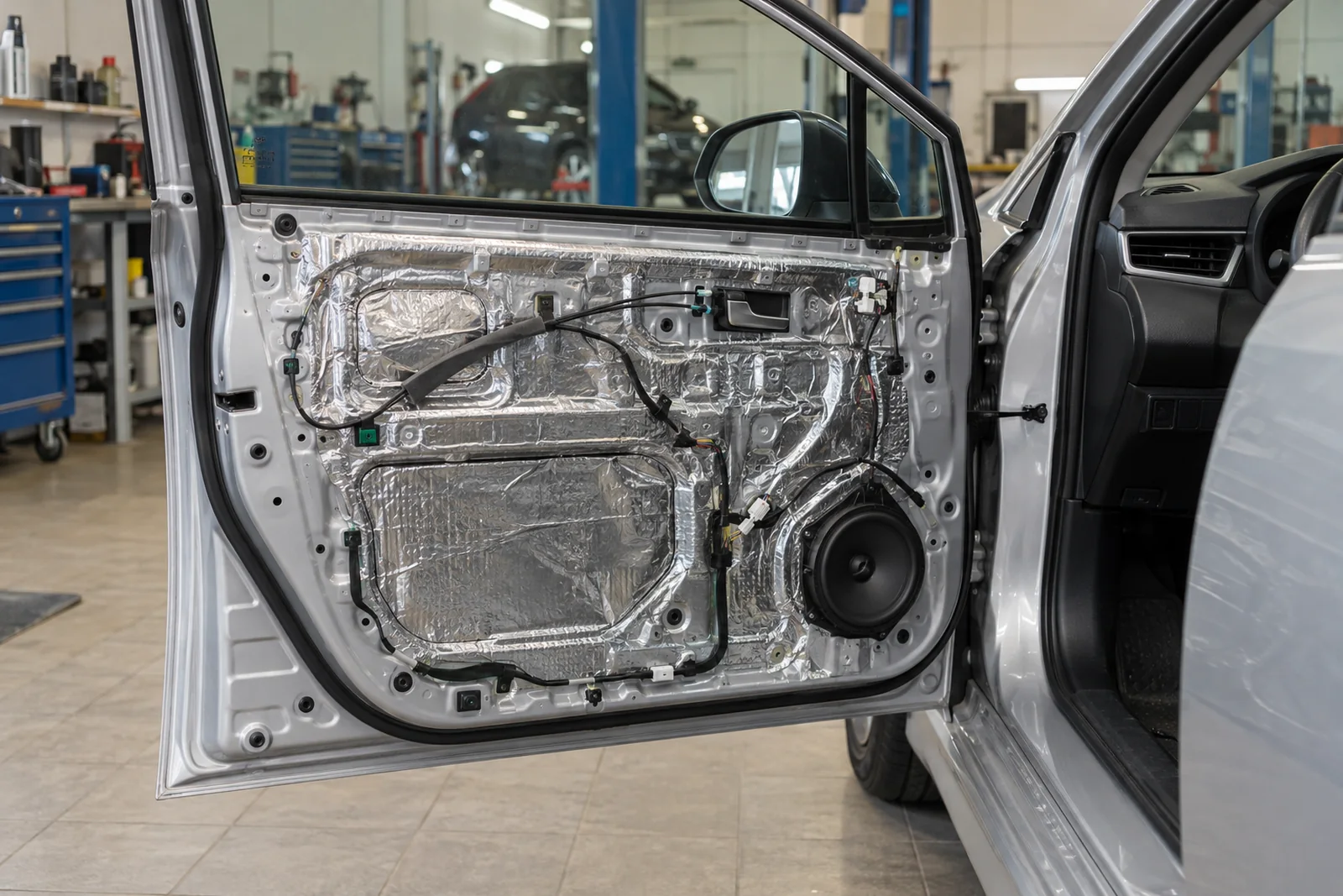 Иллюстрация: листы вибродемпфера на металле двери Toyota Corolla, обшивка снята