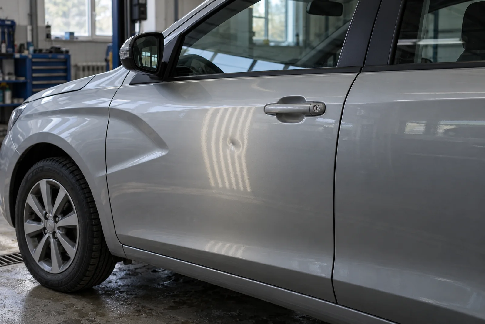 Иллюстрация: вмятина на двери Lada Vesta в отражении полосатой лампы для ремонта без покраски