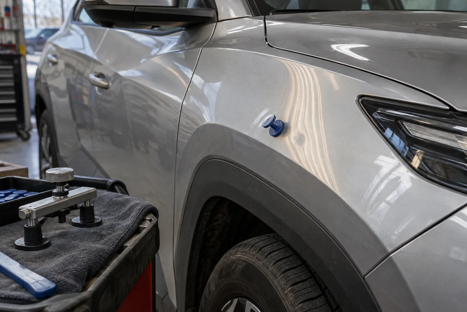 Иллюстрация: вмятина на крыле Hyundai Tucson и клеевая система вытяжки
