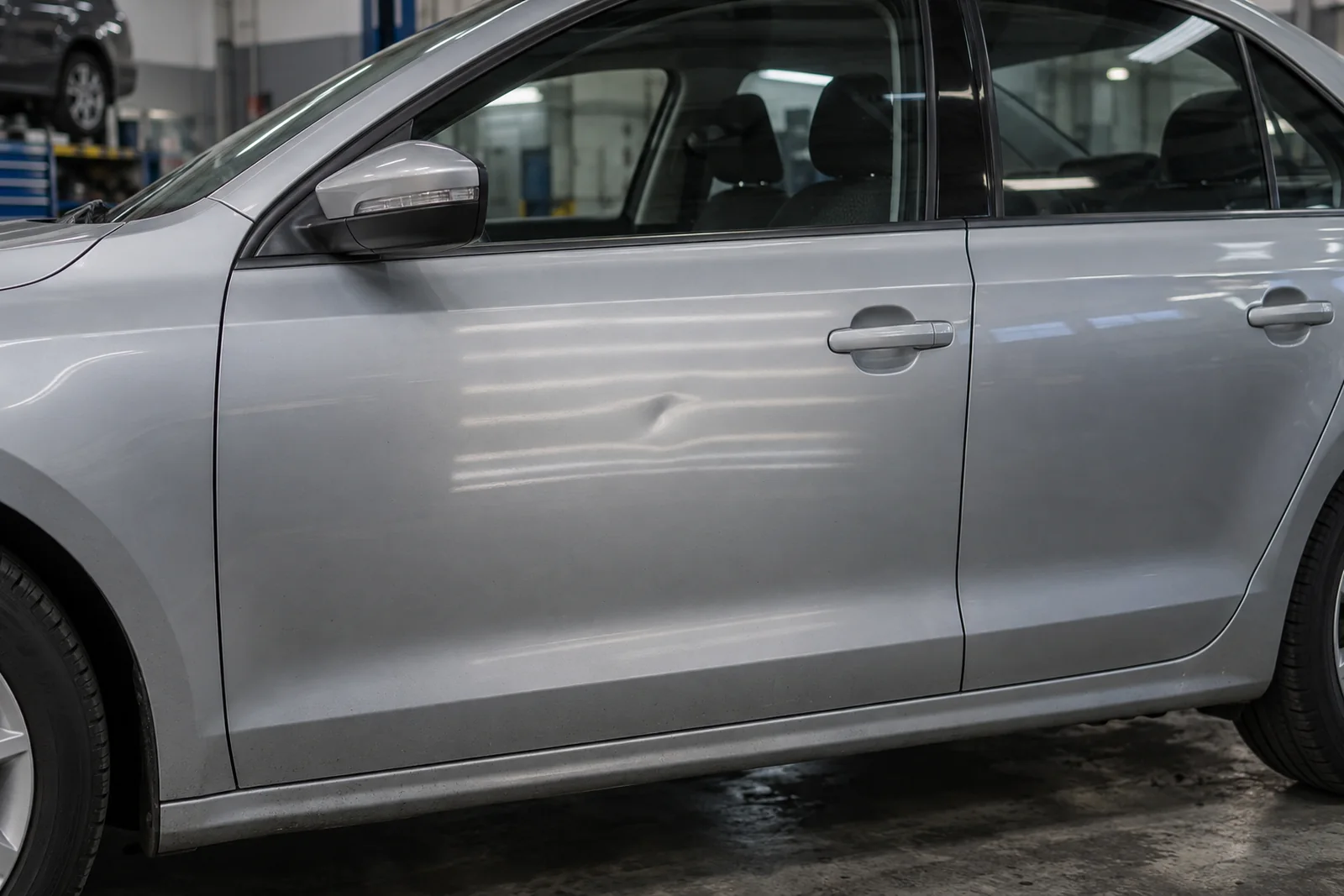 Иллюстрация: вмятина на двери Volkswagen Jetta в отражении полосатой лампы для ремонта без покраски