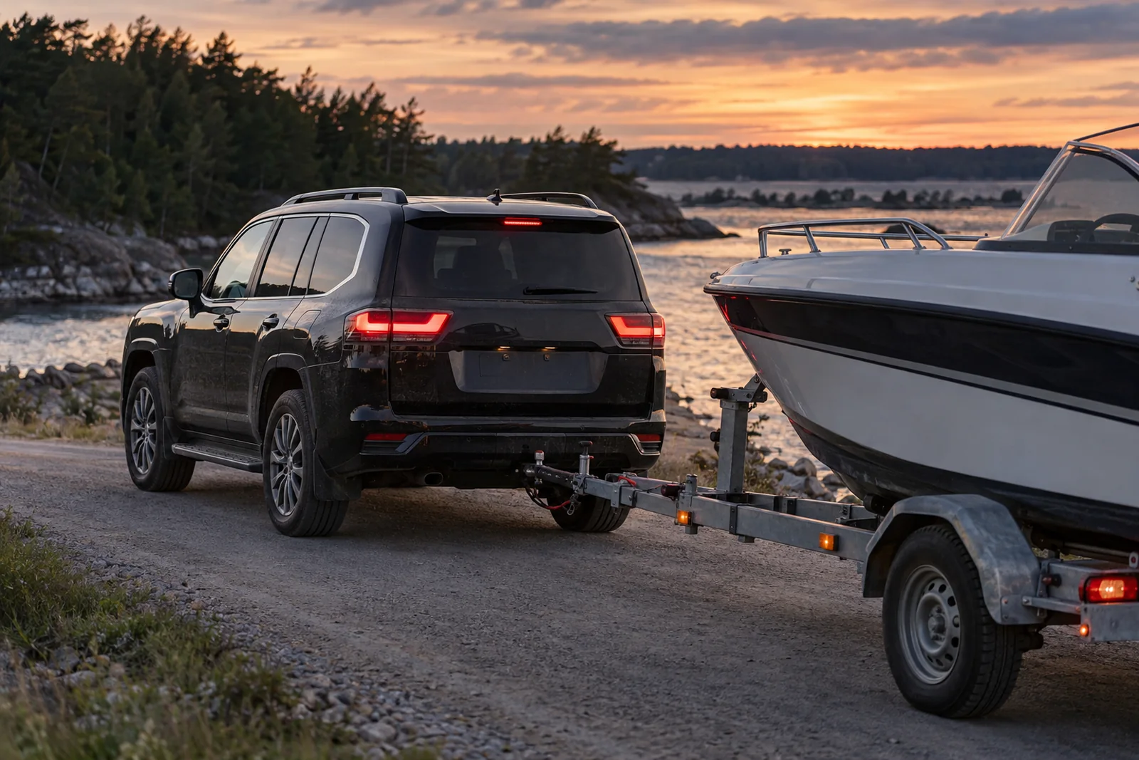 Иллюстрация, созданная нейросетью: Toyota Land Cruiser 300 буксирует прицеп с лодкой на фаркопе
