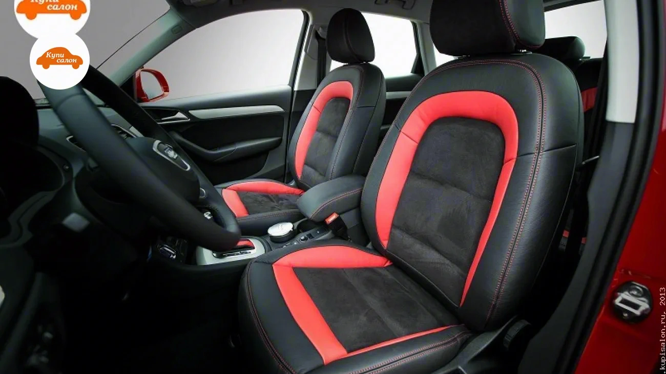 Audi Q3 — Перетяжка сидений и подлокотника в Audi Q3, черная кожа с красными вставками