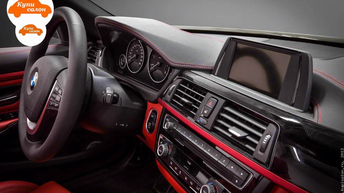 BMW 4 — Интерьер BMW с перетяжкой руля и торпеды черной кожей с красной строчкой