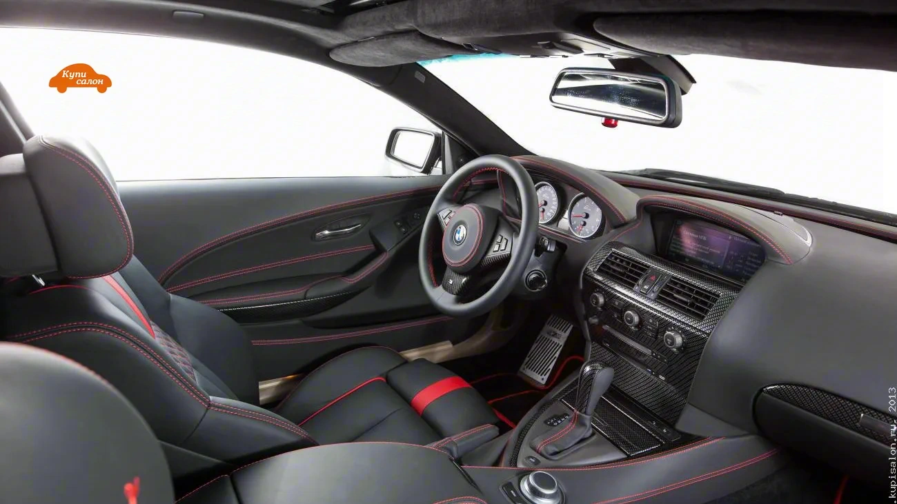 BMW 650 — Интерьер BMW с перетяжкой салона черной кожей, красной строчкой и карбоновыми вставками