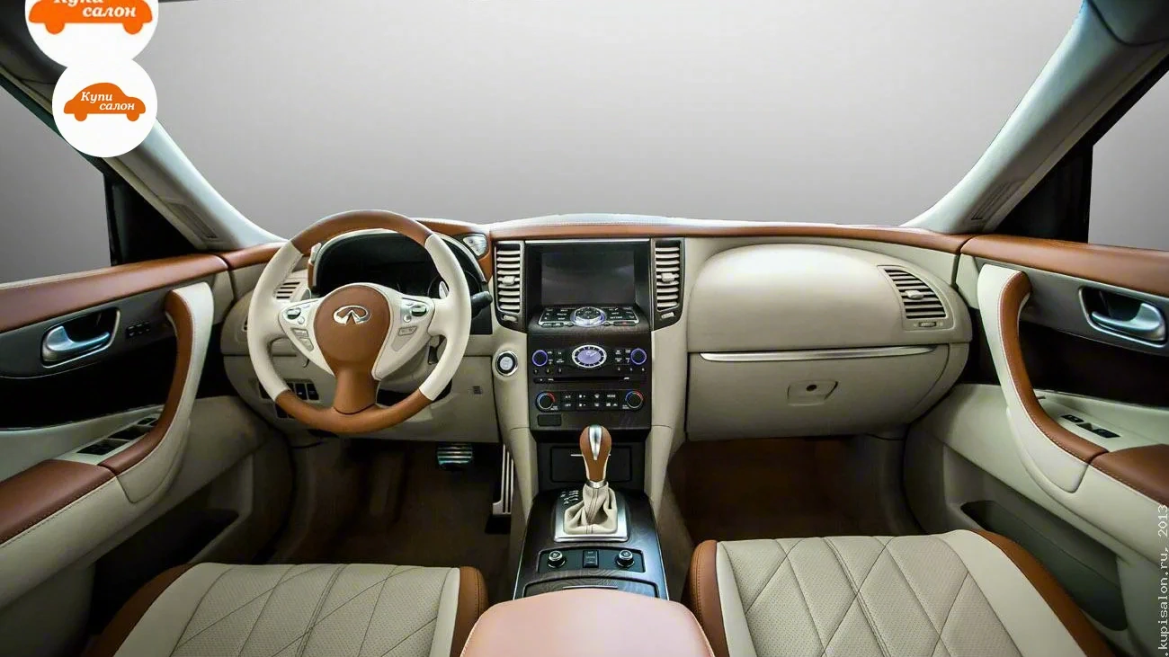 Infiniti QX70 — Интерьер Infiniti с перетяжкой салона в бежевую и коричневую кожу с ромбовидной строчкой