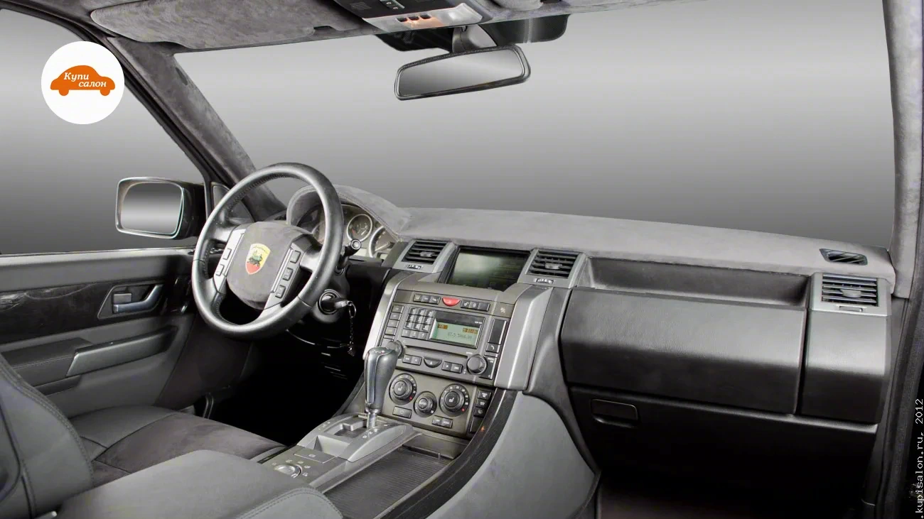 Перетяжка салона Range Rover Sport: потолок, стойки, козырьки, торпедо, руль, дверные карты, подлокотник в серой алькантаре и черной коже