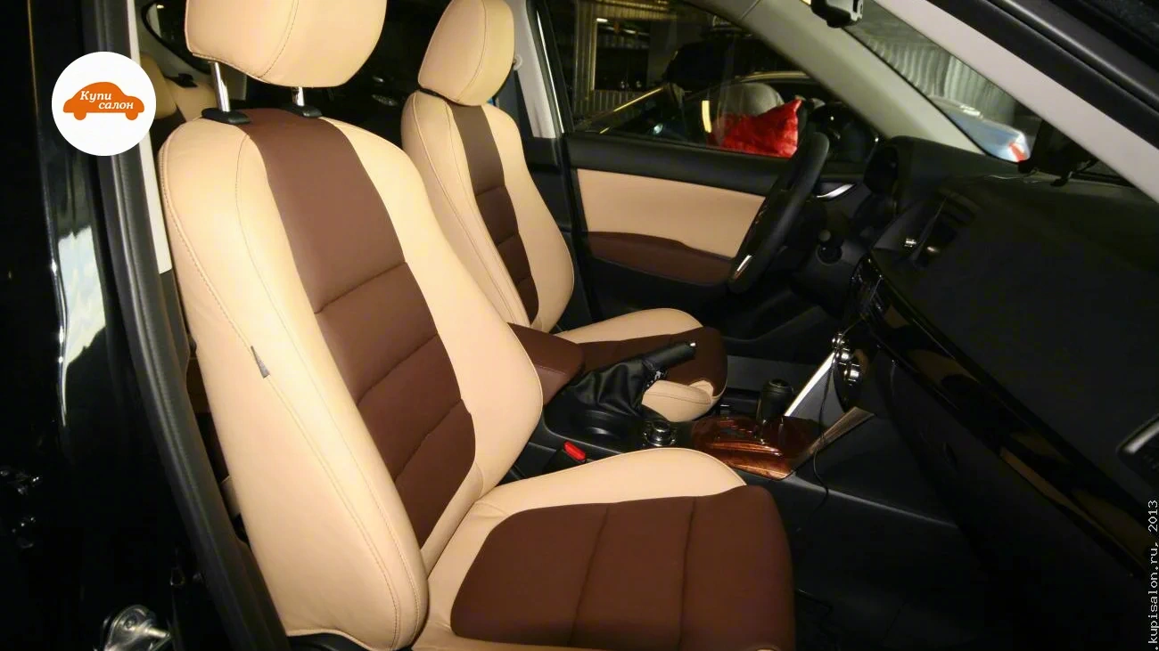 Mazda CX5 — Перетяжка салона автомобиля в двухцветную экокожу: бежевый и коричневый цвета