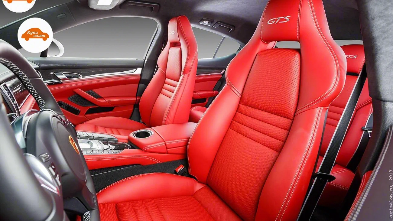 Красный кожаный салон Porsche Panamera GTS с вышивкой и перфорацией
