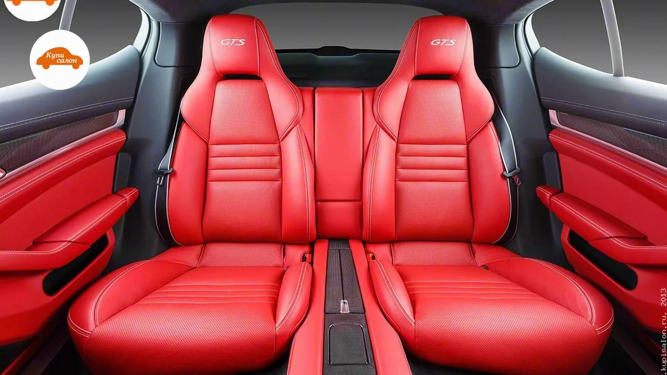 Porsche Panamera — Перетяжка заднего ряда сидений и дверных карт красной кожей с вышивкой GTS