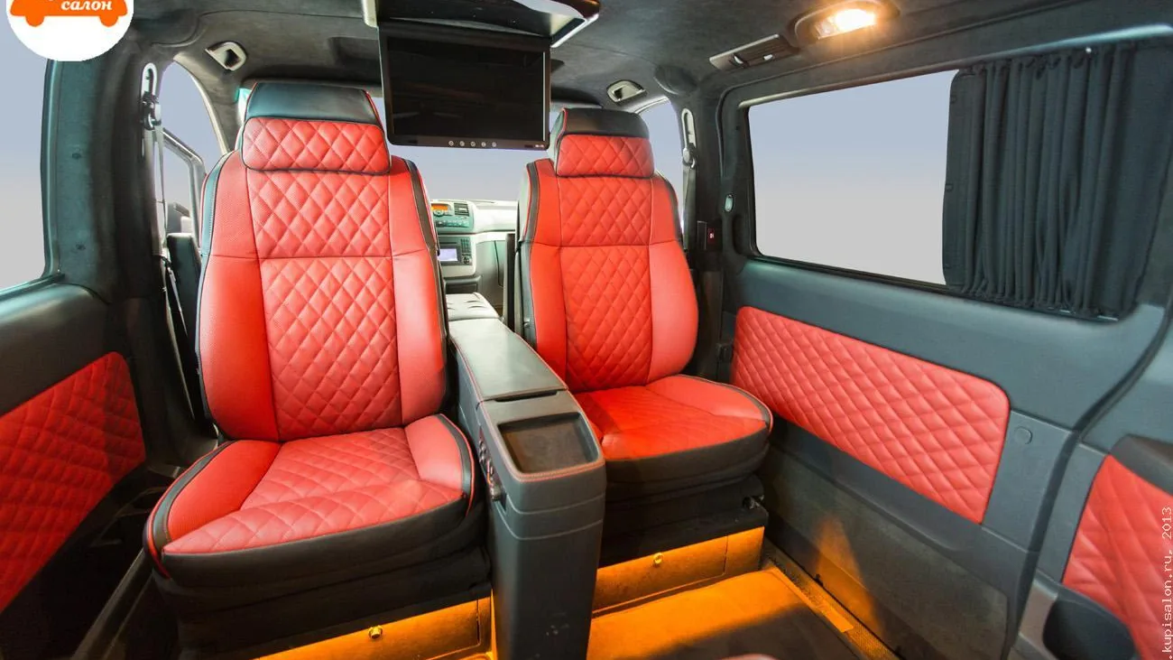 Перетяжка салона Mercedes-Benz V-Class красной кожей с ромбовидной прострочкой, установка подсветки амбиент