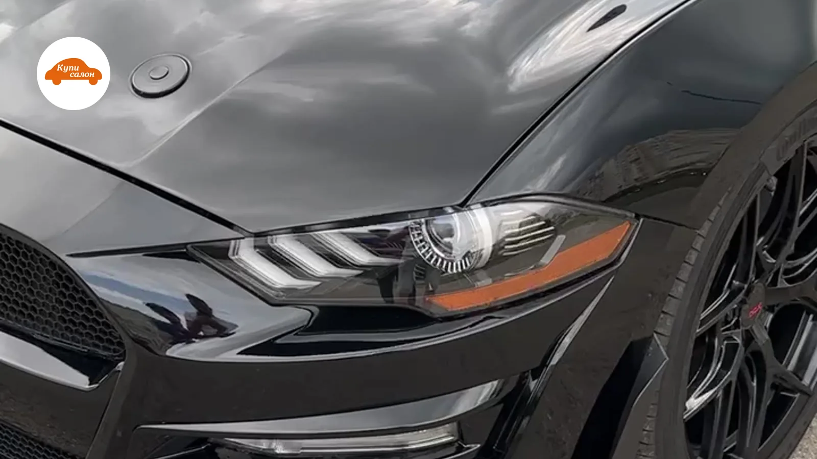 Экстерьер черного Ford Mustang с элементами тюнинга, глянцевый кузов